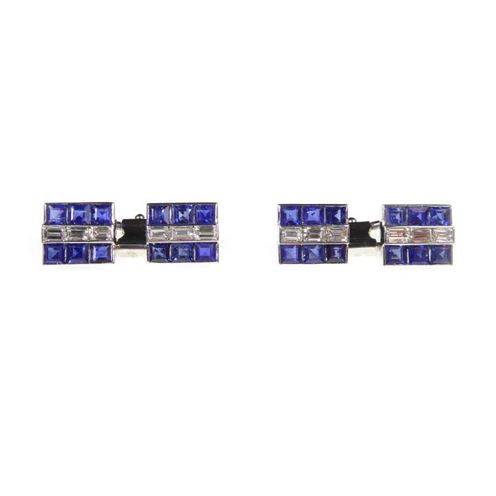 Pair of sapphire and diamond rectangular panel cufflinks